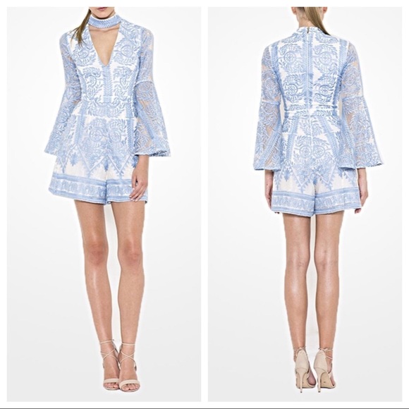 Lumiere Pants - LUMIERE Blue Floral Knit Lace Embroidered Romper